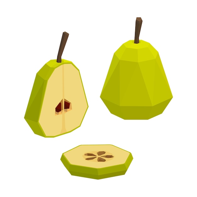 Conjunto de peras verdes frescas secção transversal de peras cortadas e de frutas inteiras isoladas em branco