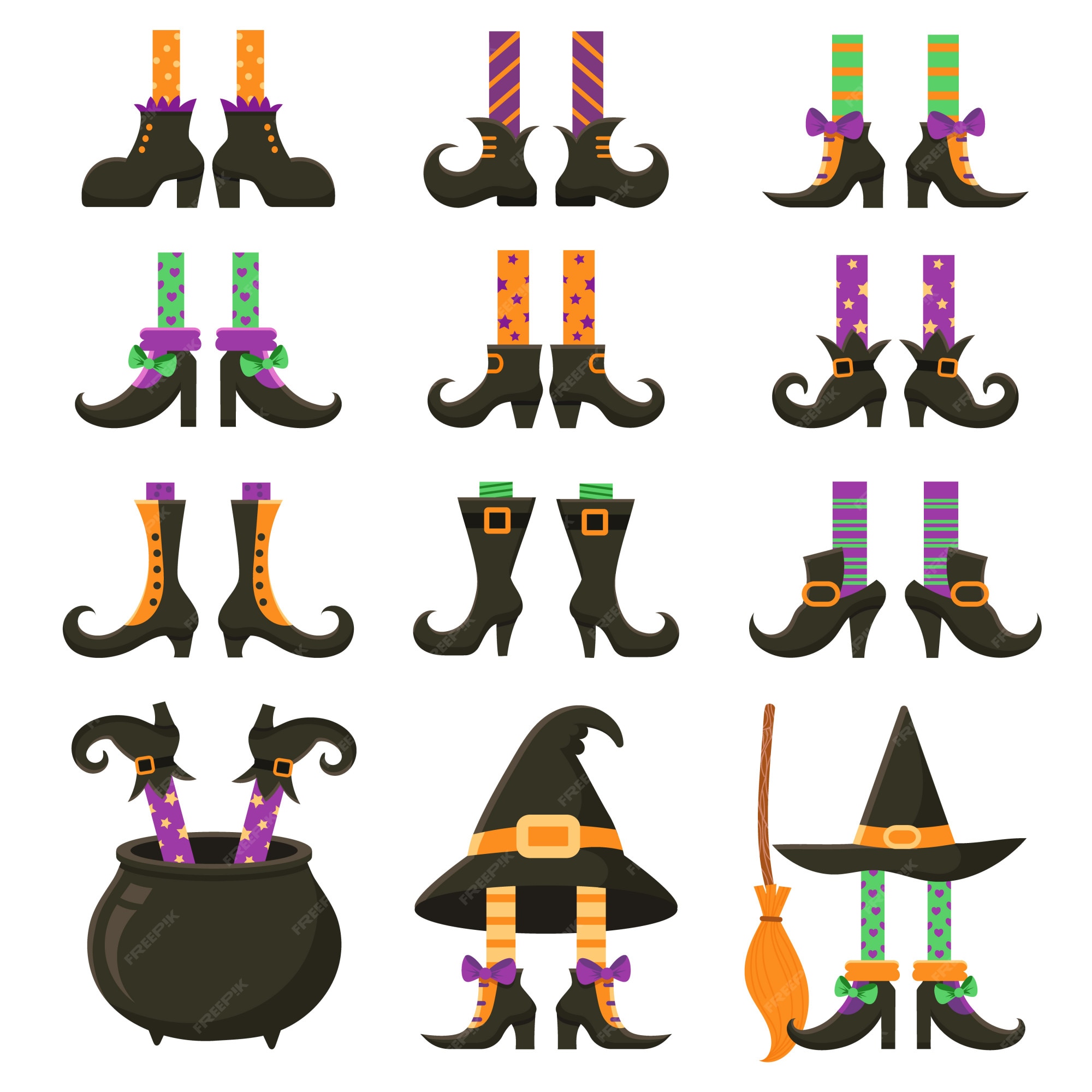 Conjunto Vetor De Perna De Bruxas. Botas Engraçadas E Assustadoras Do  Halloween. Meias Coloridas Da Bruxa Ilustração do Vetor - Ilustração de  vassoura, halloween: 228864259