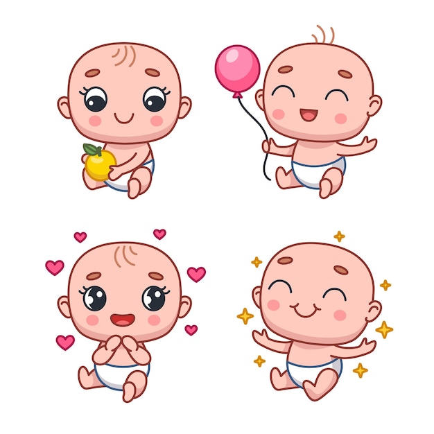 Vetor conjunto de personagem de bebê recém-nascido de desenho animado se regozijando, sorrindo, segurando maçã e balão de ar