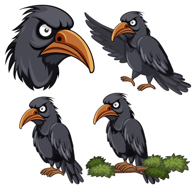 Vetor conjunto de personagem de desenho animado de corvo zangado