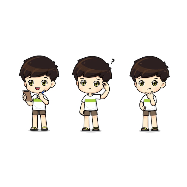 Conjunto de personagem de desenho animado de mascote de menino bonito em muitas poses