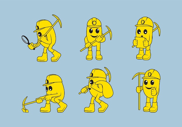Vetor conjunto de personagem de desenho animado de mascote mineiro de ouro 6 poses ilustração de design