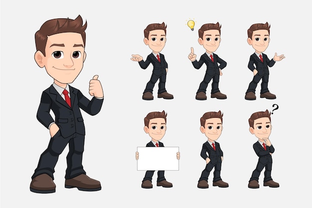 Conjunto de personagem de desenho animado jovem homem de negócios em vetor premium de terno preto