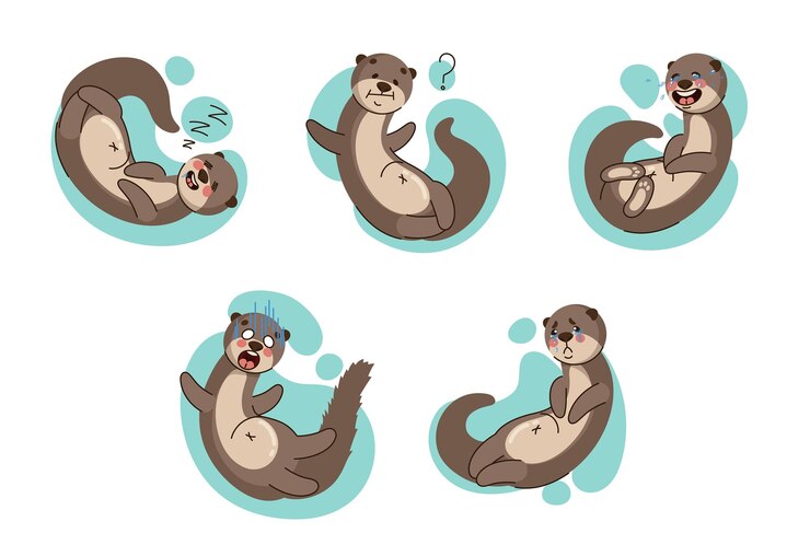 Vetor conjunto de personagem de desenho animado lontra pensando, chorando, sorrindo, dormindo e tendo dúvidas