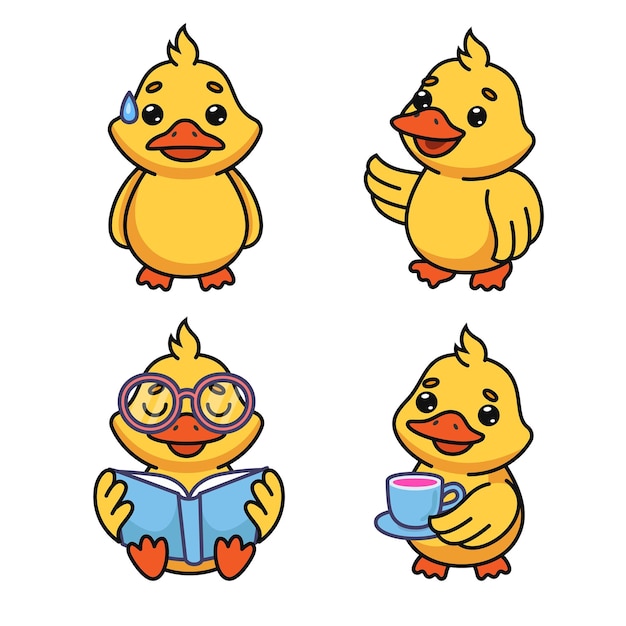 Conjunto de personagem de desenho animado pato lendo livro, bebendo chá, acenando com asa, ficando estressado