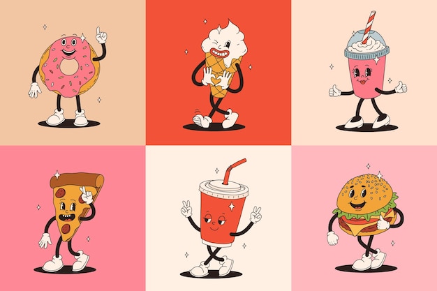 Vetor conjunto de personagem de desenho animado retrô de fast food mascote vintage de hambúrguer pizza cachorro-quente sorvete batatas fritas café para ir donut e refrigerante com sorriso feliz ilustração de comida de rua funky