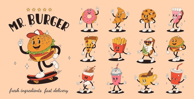 Vetor conjunto de personagem de desenho animado retrô de fast food mascote vintage de hambúrguer pizza cachorro-quente sorvete batatas fritas café para ir donut e refrigerante com sorriso feliz ilustração de comida de rua funky