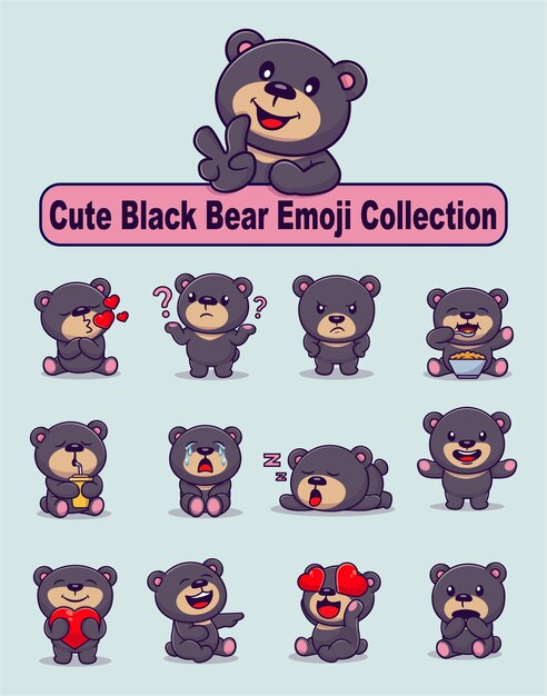 Vetor conjunto de personagem de urso preto bonito em várias poses adesivo vetor cartoon ilustração