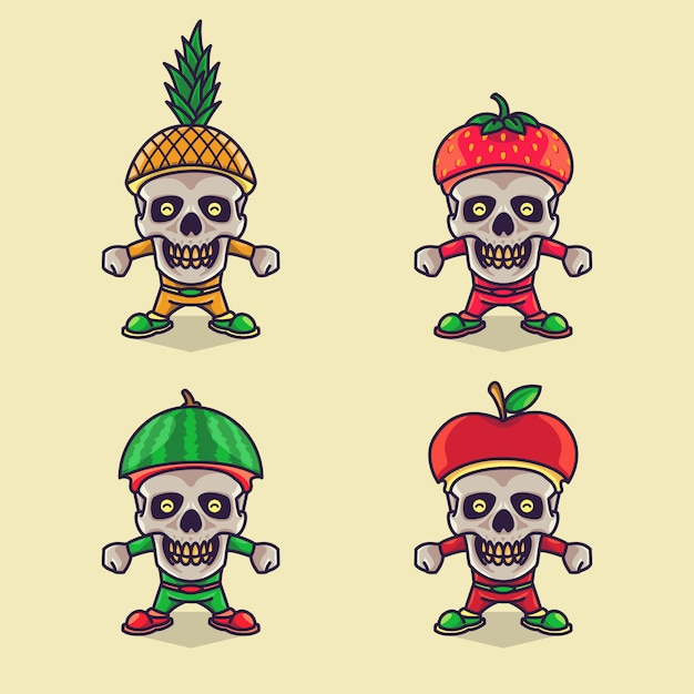 Vetor conjunto de personagem engraçado crânio bonito usando frutas headwear