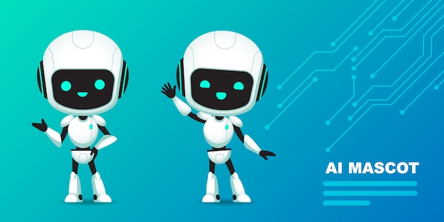 Conjunto de personagem robô fofo ai com fundo de circuitos