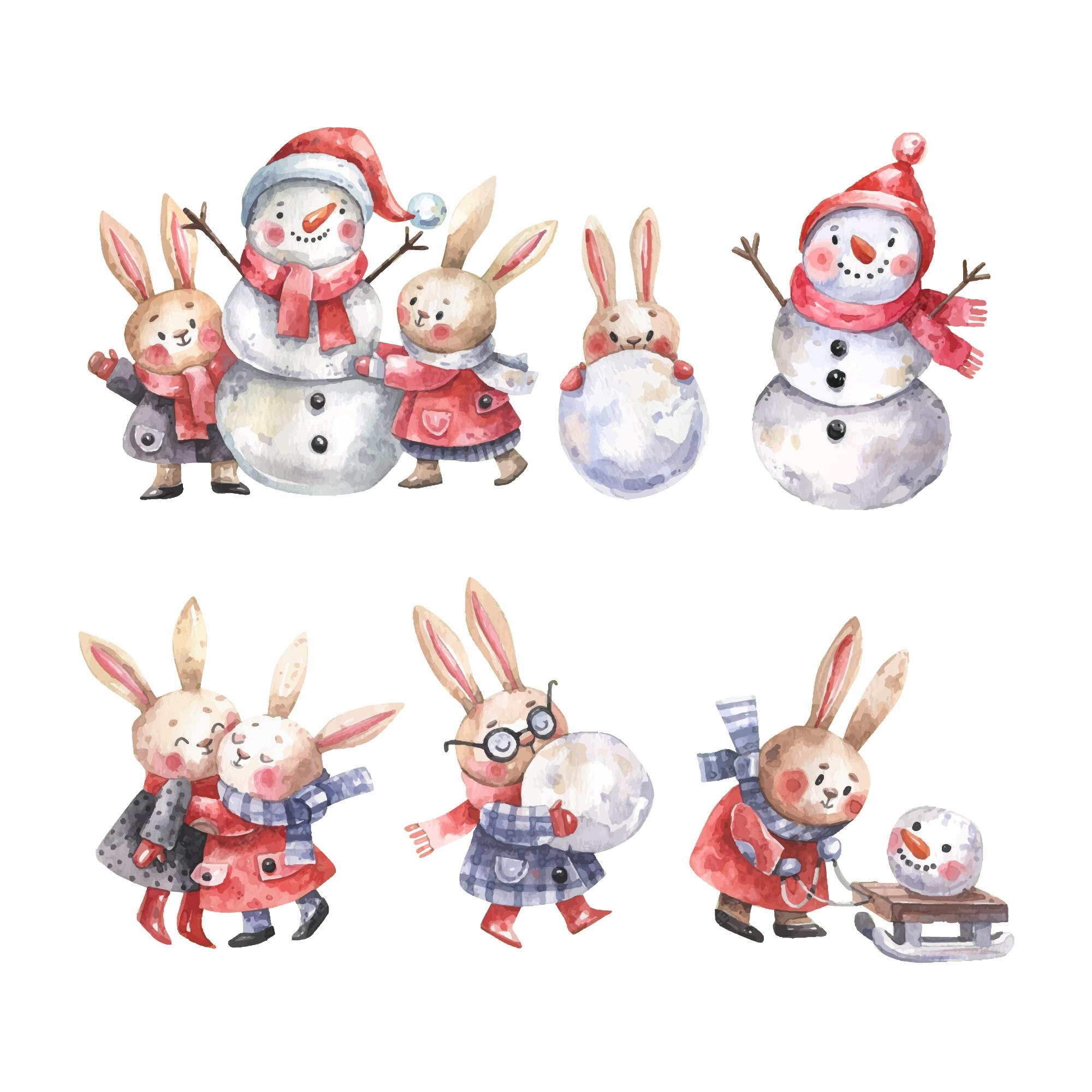 Conjunto de personagens bonitos de desenhos animados pintados em aquarela.  bonecos de neve, lebres estão fazendo um boneco de neve