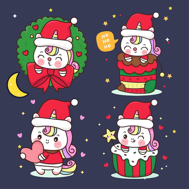 Conjunto de personagens bonitos de natal kawaii ilustração vetorial