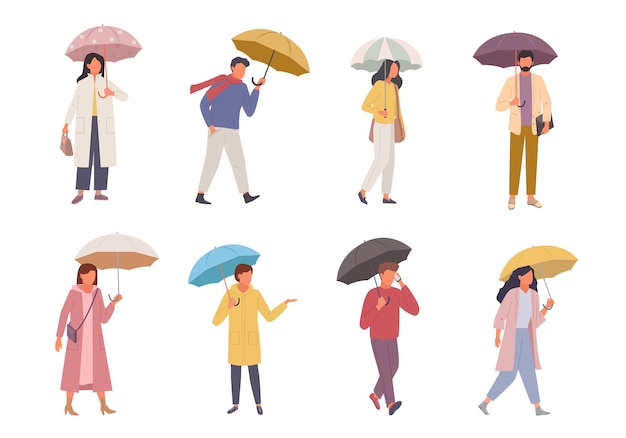 Conjunto de personagens com guarda-chuvas. pessoas andam em cores diferentes de guarda-sol de tempo chuvoso homem para trabalhar com smartphone mulher corre para armazenar com bolsa boa proteção mau clima.