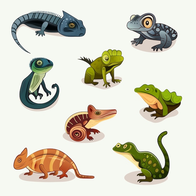 Conjunto de personagens de animais anfíbios em estilo plano