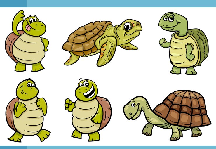 Vetor conjunto de personagens de animais cômicos de tartarugas engraçadas dos desenhos animados