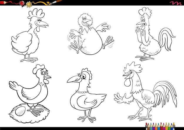 Conjunto de personagens de animais de fazenda de galinhas dos desenhos animados para colorir página