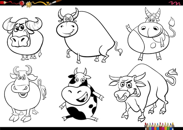 Conjunto de personagens de animais de fazenda de touros dos desenhos animados para colorir página