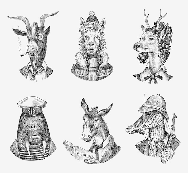 Vetor conjunto de personagens de animais lhama esquiador veado senhora morsa crocodilo fumar cabra cão burro alpaca retrato desenhado à mão esboço monocromático gravado para etiqueta de cartão ou tatuagem hipster antropomorfismo