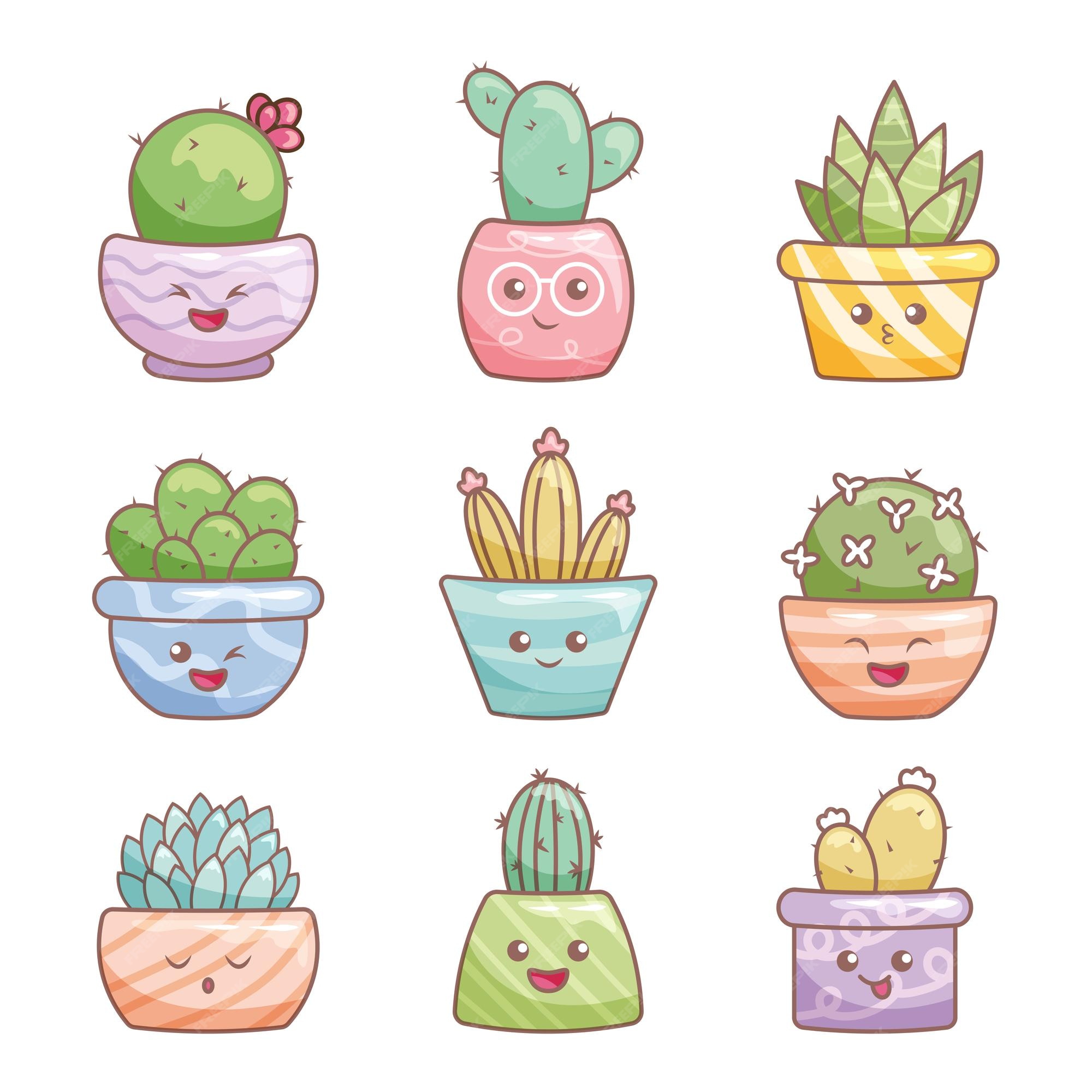 Cacto Fofo Com Rostos. Personagens De Plantas De Vaso Succulto De