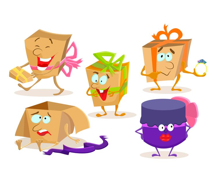 Vetor conjunto de personagens de caixas de presente fofas cinco caixas de presente emoji engraçadas ilustração em vetor de desenho animado