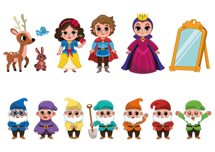 Vetor conjunto de personagens de conto de fadas com princesa príncipe rainha má e sete anões ilustração vetorial