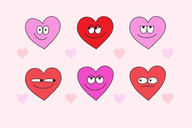 Conjunto de personagens de desenho animado do coração dos anos 70. Adesivos de coração divertidos desenhados à mão em estilo retrô