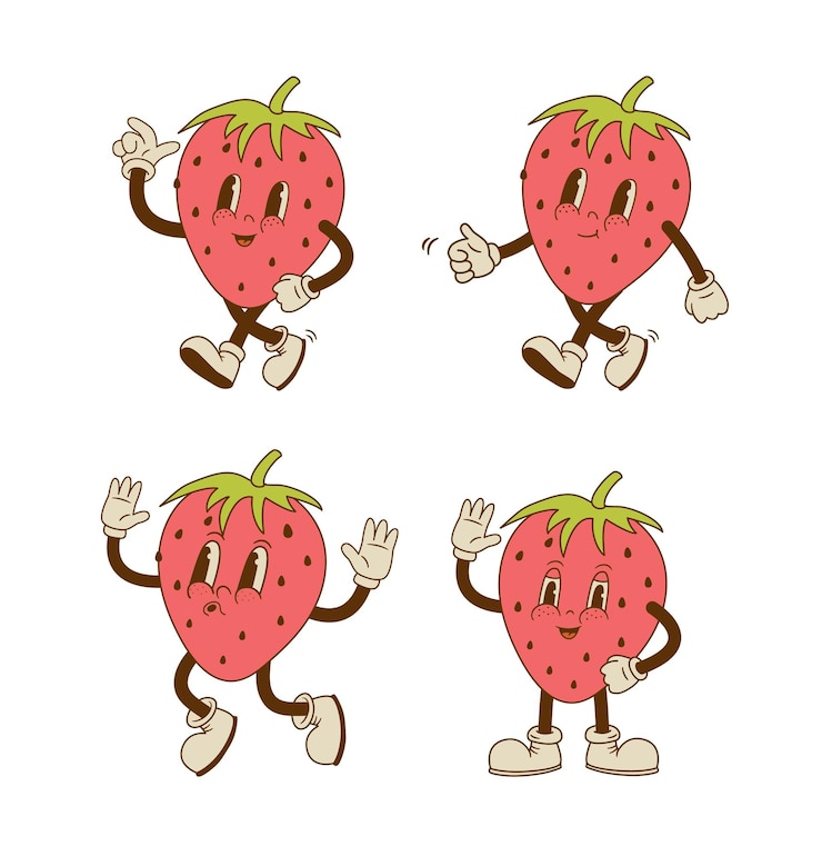 Vetor conjunto de personagens de desenho animado retro de morango em diferentes poses e emoções mascote de bagas sorridentes