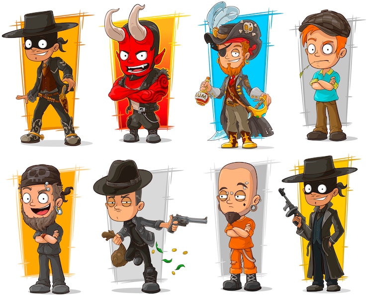 Vetor conjunto de personagens de desenhos animados bandidos
