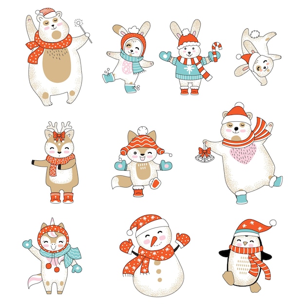 Conjunto de personagens de desenhos animados bonitos com roupas de Natal. Ilustração vetorial isolada no fundo branco.