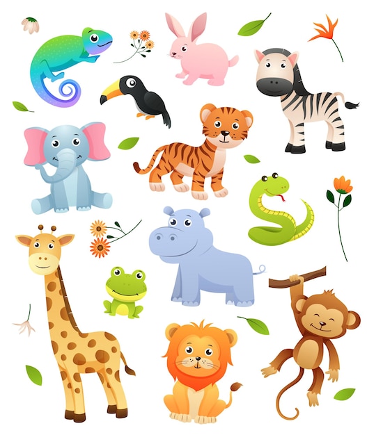 Vetor conjunto de personagens de desenhos animados de animais selvagens com elementos decorativos naturais vetor