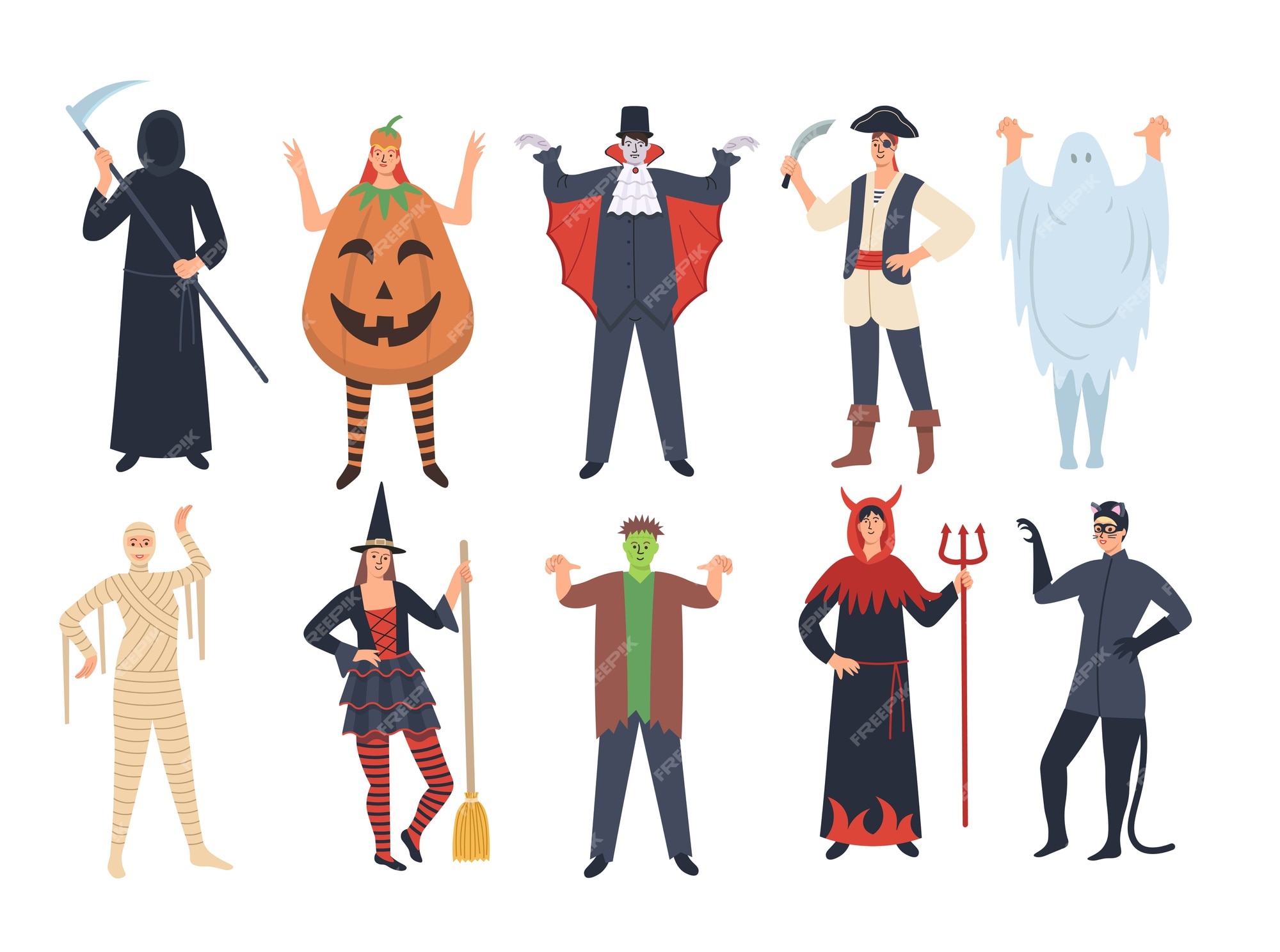 animais kawaii vestidos com fantasias de halloween. personagens de animais  de desenho animado fofos em roupa de abóbora, bruxa, múmia, zumbi,  unicórnio, mago, pirata, esqueleto, vampiro e fantasma. 10596373 Vetor no  Vecteezy