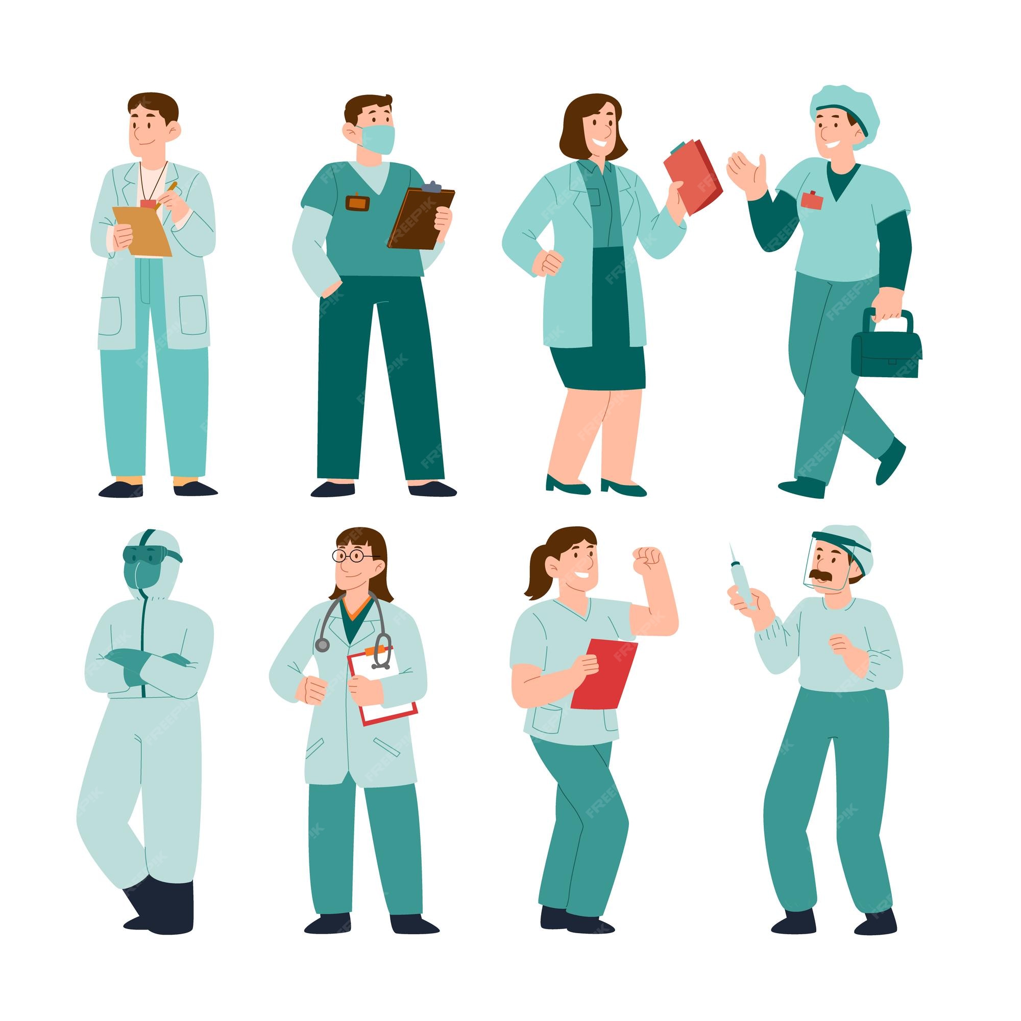 Ilustração dos desenhos animados da equipe de equipe médica do hospital,  personagens de médicos e enfermeiros.