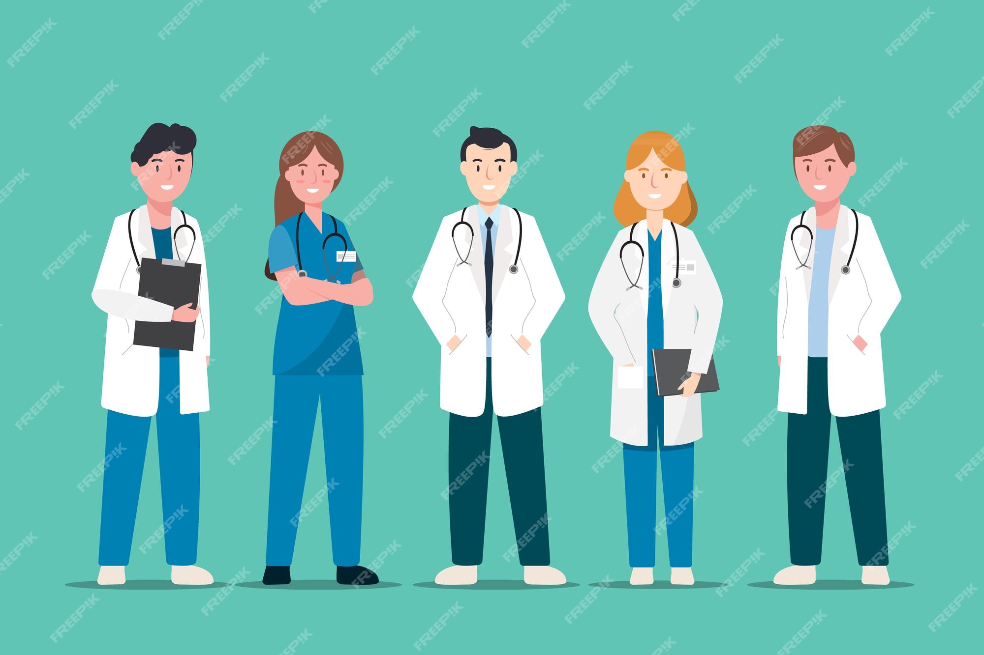 Ilustração dos desenhos animados da equipe de equipe médica do hospital,  personagens de médicos e enfermeiros.