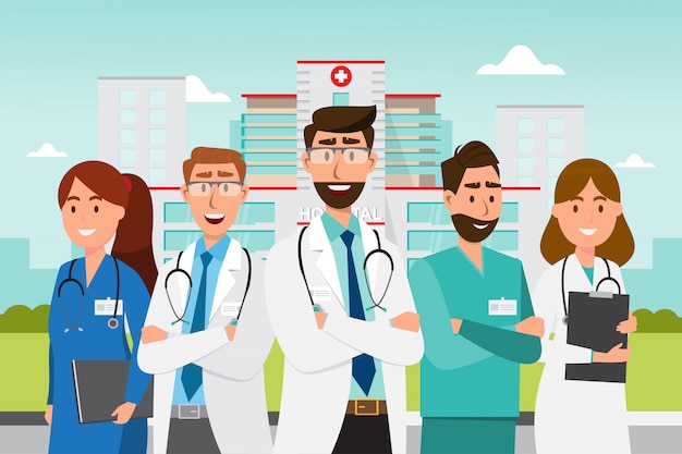 Conjunto de personagens de desenhos animados de médico. equipe médica, equipe, conceito, frente, hospitalar