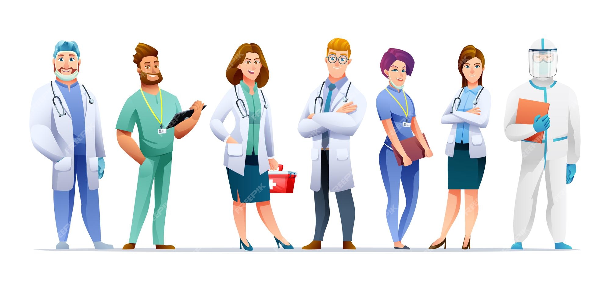 Conjunto de personagens de desenhos animados de médicos e