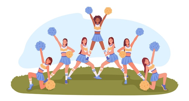 Vetor conjunto de personagens de desenhos animados de mulheres jovens apoiando a equipe esportiva