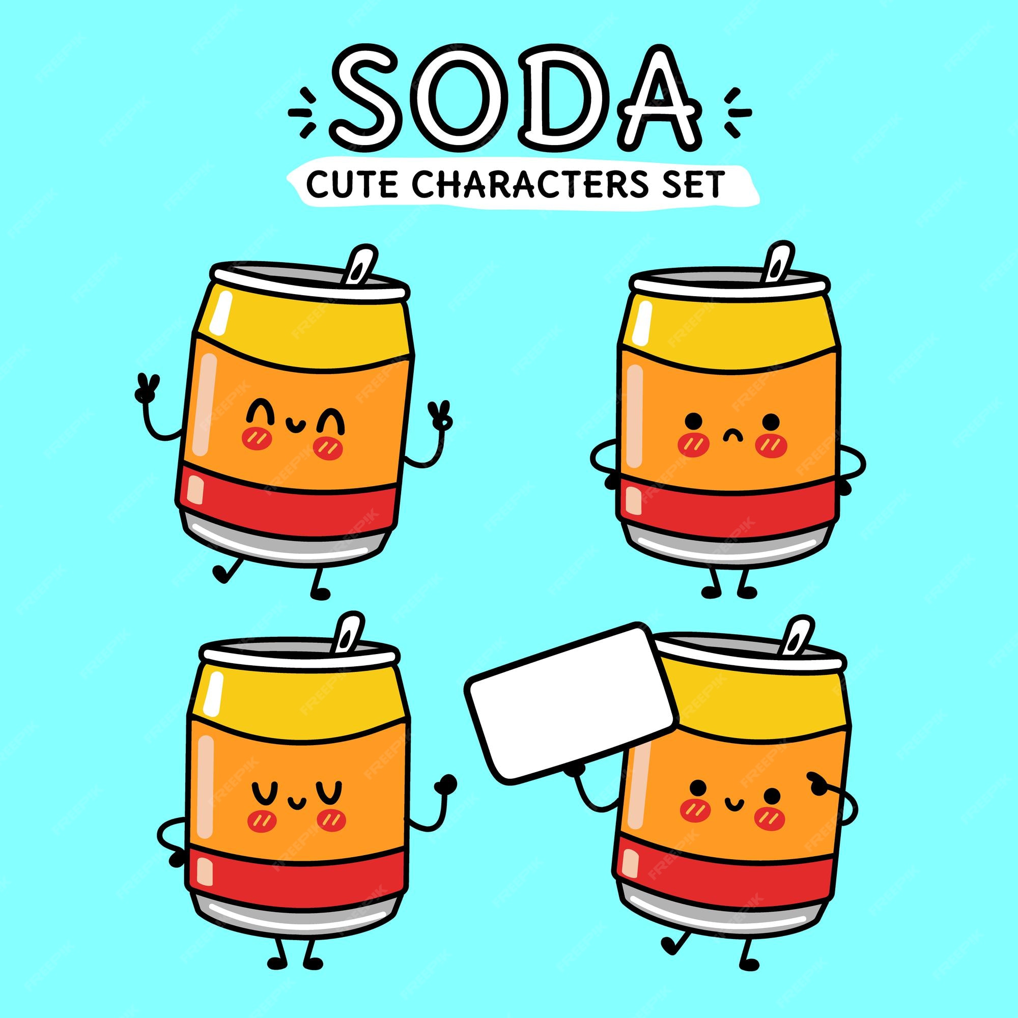 personagens de refrigerante felizes fofos engraçados. vetor mão desenhada  ícone de ilustração de personagem kawaii dos desenhos animados. isolado no  fundo branco. mascote de refrigerante bonito. esboço de ilustração de  desenho animado