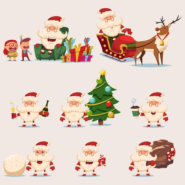 Conjunto de personagens de desenhos animados de vetor de Papai Noel engraçado. Ícone de Natal isolado em um fundo branco.