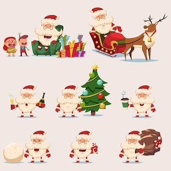 Conjunto de personagens de desenhos animados de vetor de papai noel engraçado. ícone de natal isolado em um fundo branco.