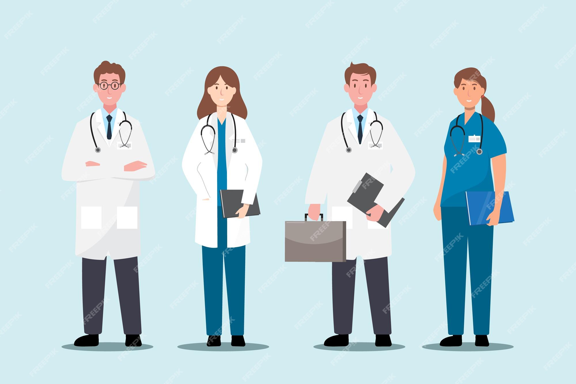 Ilustração dos desenhos animados da equipe de equipe médica do hospital,  personagens de médicos e enfermeiros.