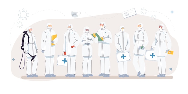 Conjunto de personagens de desenhos animados médicos e enfermeiras de uniforme, jalecos de laboratório com equipe médica de dispositivos médicos, várias poses e pessoas