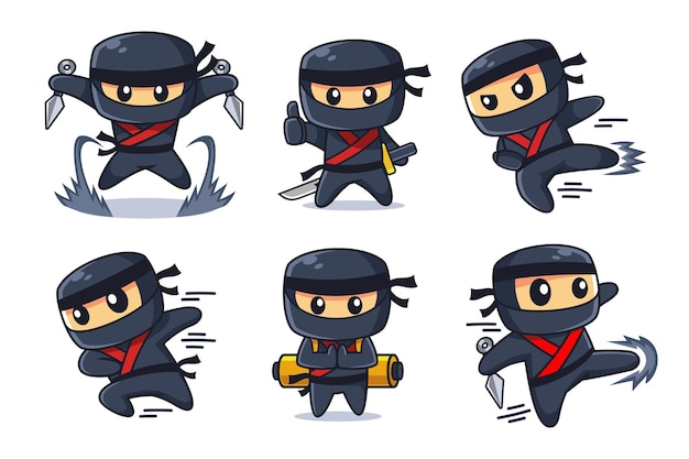 Vetor conjunto de personagens de desenhos animados ninja em várias poses