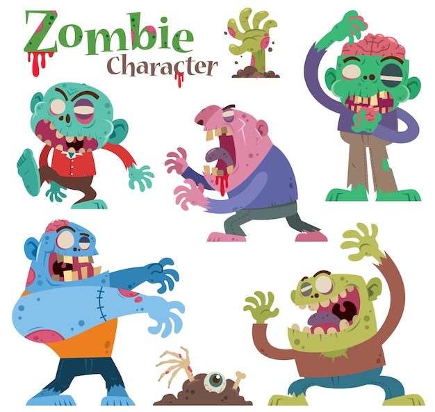 Conjunto de personagens de desenhos animados zombie isolado no branco