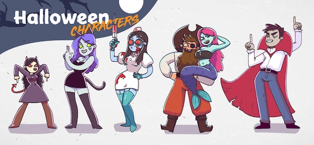 Vetor conjunto de personagens de halloween em fantasias de festa. garota malvada, mulher-gato, enfermeira malvada, vampiro, sereia e pirata. ilustração