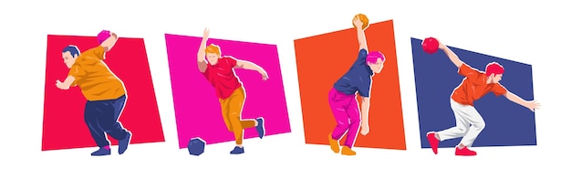 Conjunto de personagens de jogadores de boliche masculinos Ilustração vetorial plana