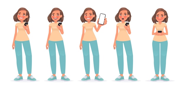 Conjunto de personagens de mulher com smartphone garota usa telefone pensa que usa o aplicativo mostra a tela
