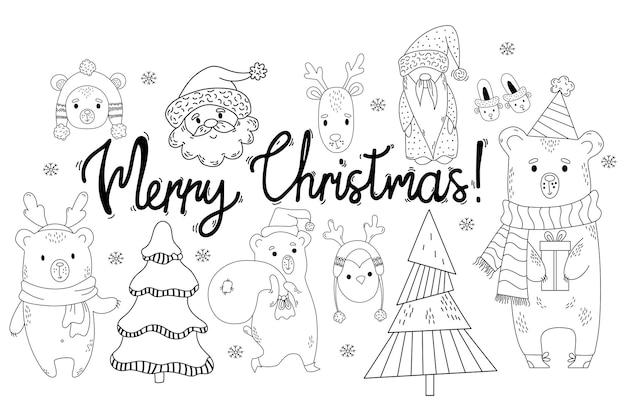 Conjunto de personagens de Natal e animais de Ano Novo em estilo doodle Desenho isolado à mão