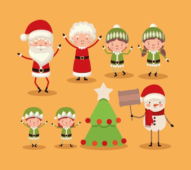 Conjunto de personagens de Natal em fundo laranja.