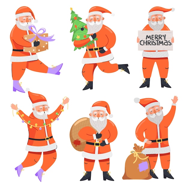 Conjunto de personagens de Papai Noel em várias poses com saco de presente, mesa de abeto e guirlanda