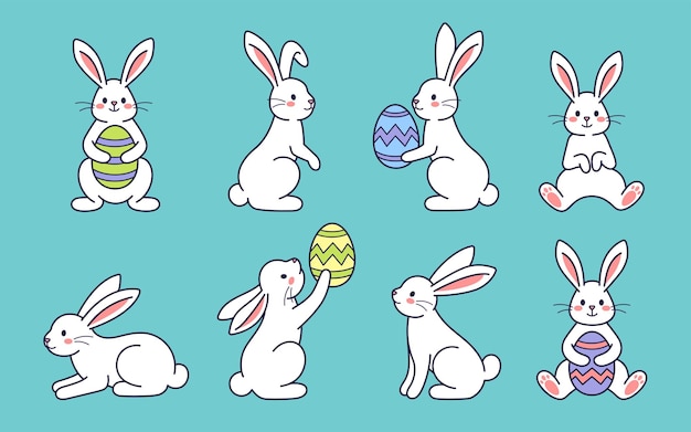 Conjunto de personagens de Páscoa Lebre coelho com ovo pintado Ilustração de contorno de design plano vetorial